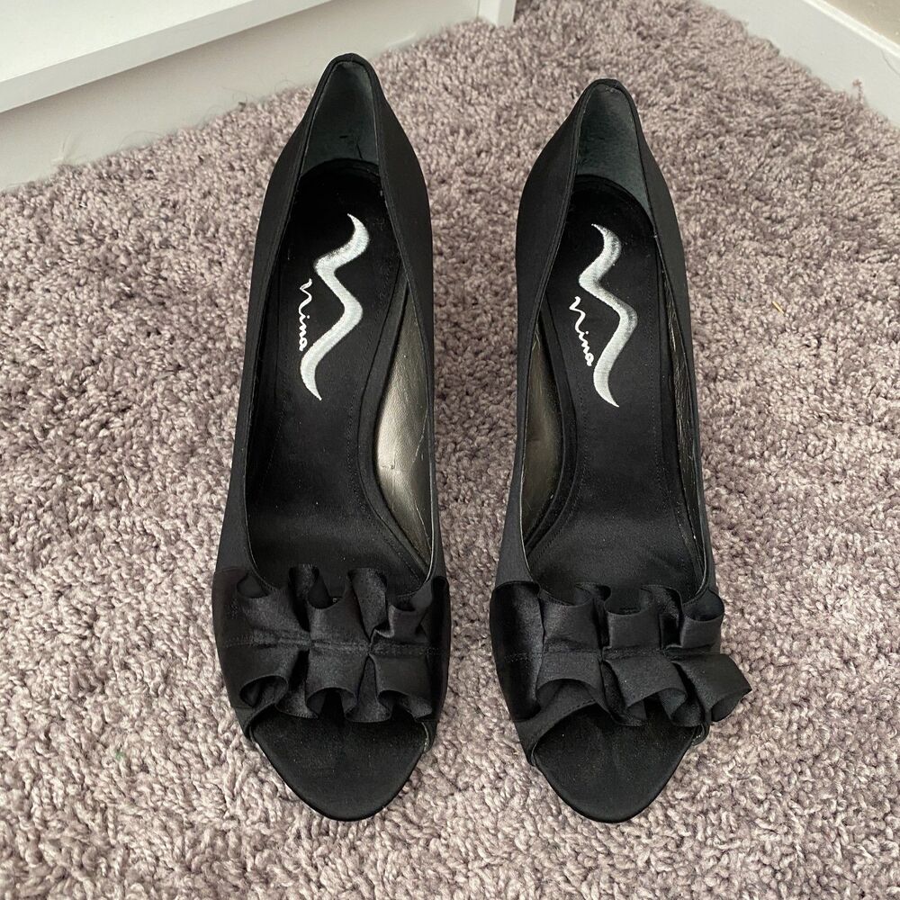 NINA Black Ruffle Satin Formal Bridesmaid Evening Ruffle Open Toe Heels Size 10 - Picture 2 of 13